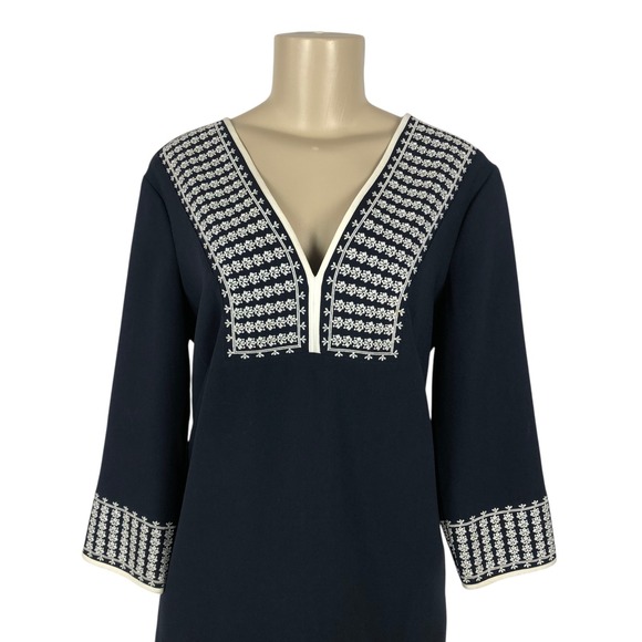 Ann Taylor Embroidered Kaftan Shift Dress Size M 3/4 Sleeve V-Neck Navy Blue - Picture 2 of 11